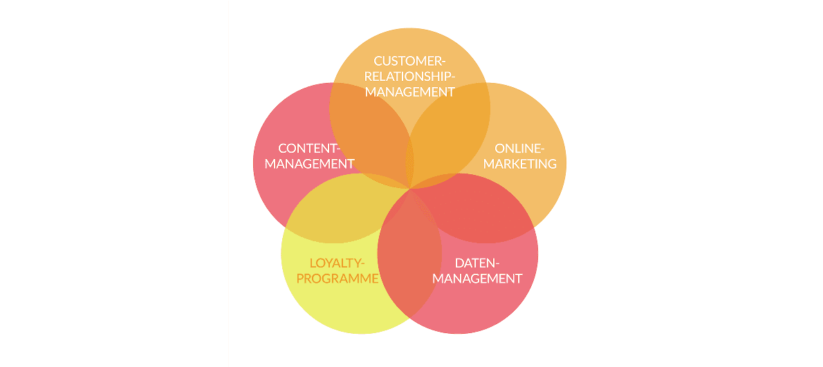 A Venn diagram with overlapping circles labeled: Customer-Relationship-Management, Online-Marketing, Daten-Management, Loyalty-Programme, Content-Management.